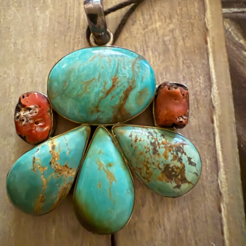 Turquoise and Coral Pendant Necklace